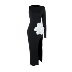 Long sleeve crewneck slit flower applique maxi dress
