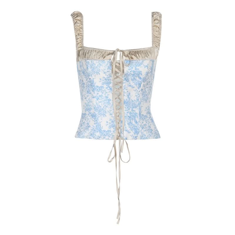 Square neck lace up ruched print tank top