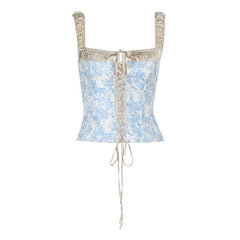 Square neck lace up ruched print tank top