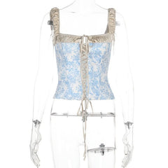 Square neck lace up ruched print tank top