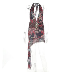 Irregular self tie halter deep v neck print mini dress