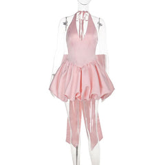 Halter self tie bowknot ruched v neck mini dress