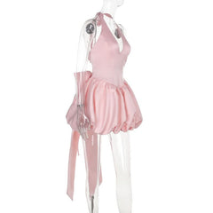 Halter self tie bowknot ruched v neck mini dress
