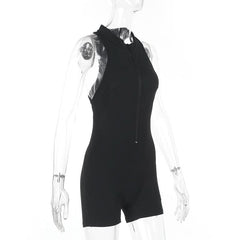 Zip-up ruched hollow out solid romper