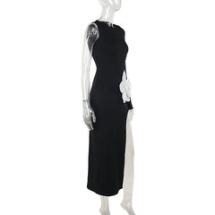 Long sleeve crewneck slit flower applique maxi dress