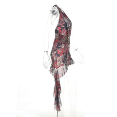 Irregular self tie halter deep v neck print mini dress