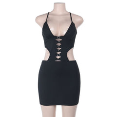 Cross back hollow out v neck cami cut out mini dress