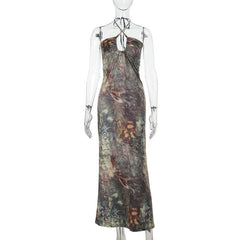 Cross front halter self tie print ruched maxi dress
