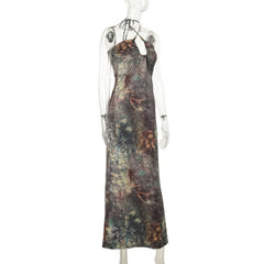 Cross front halter self tie print ruched maxi dress