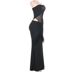 Mesh button ruched ruffle tube skirt set