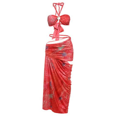 Halter self tie hollow out ruched maxi skirt set