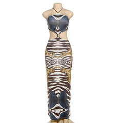 Backless abstract print maxi dress