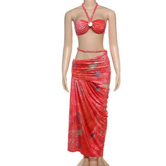 Halter self tie hollow out ruched maxi skirt set