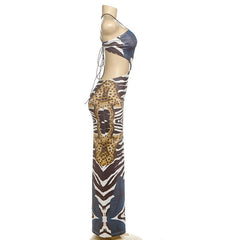 Backless abstract print maxi dress
