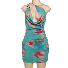 Ruched flower print one shoulder mini dress
