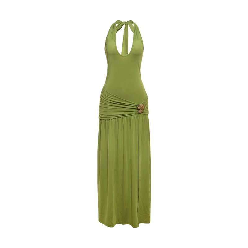 Halter v neck ruched backless slit maxi dress