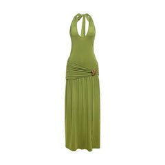 Halter v neck ruched backless slit maxi dress