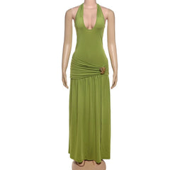 Halter v neck ruched backless slit maxi dress