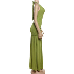 Halter v neck ruched backless slit maxi dress