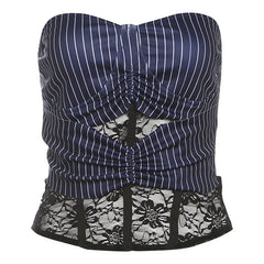 Striped print lace patchwork tube top