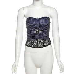 Striped print lace patchwork tube top