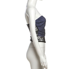 Striped print lace patchwork tube top