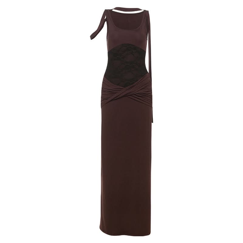 U neck lace patchwork ruched maxi dress
