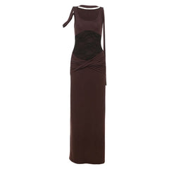 U neck lace patchwork ruched maxi dress