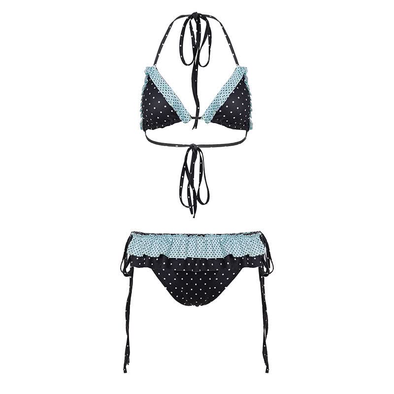 Polka dot halter self tie bikini swimwear