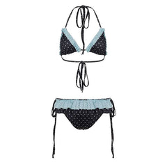 Polka dot halter self tie bikini swimwear