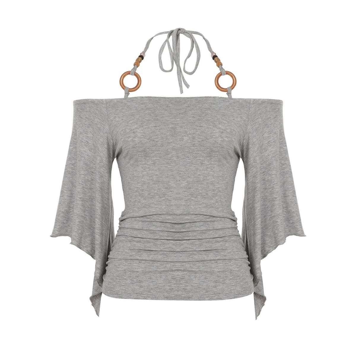 Off shoulder halter o ring ruched self tie top