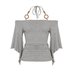 Off shoulder halter o ring ruched self tie top