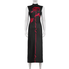 Sleeveless high neck slit flower print backless maxi dress