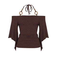 Off shoulder halter o ring ruched self tie top