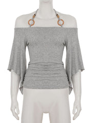 Off shoulder halter o ring ruched self tie top