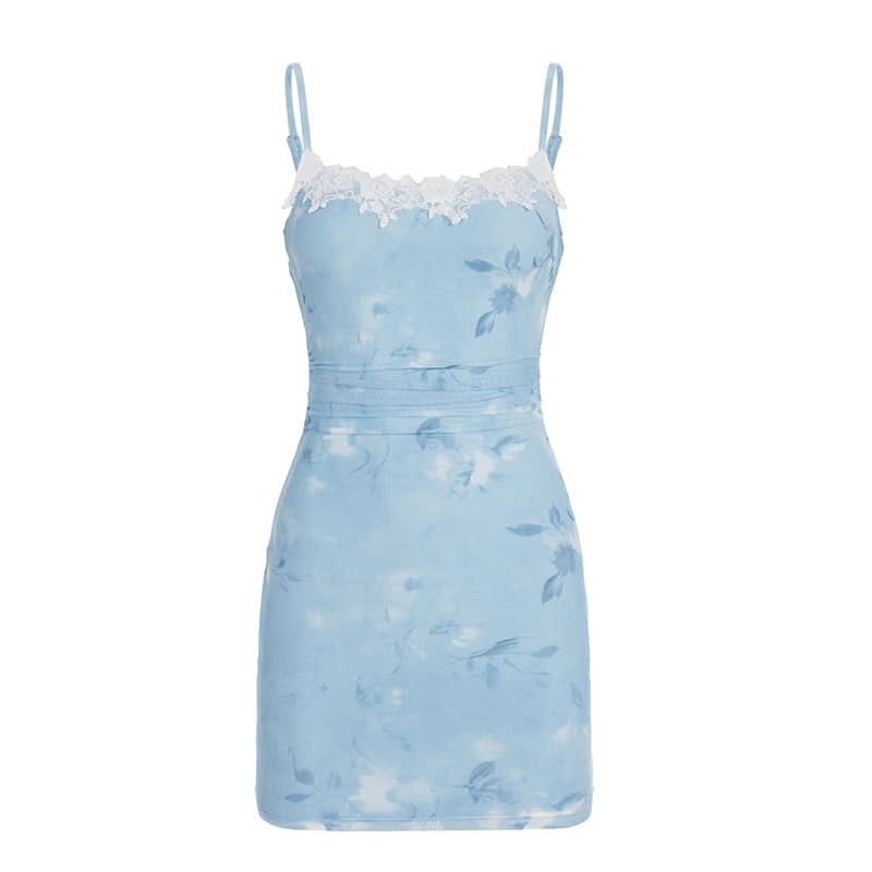 Mesh lace hem flower print cami mini dress
