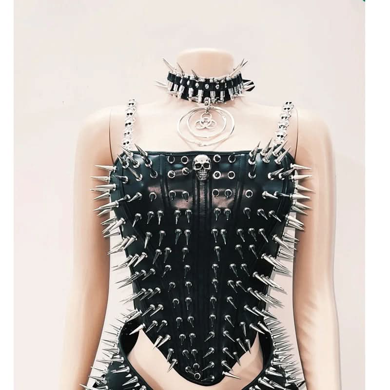 Rivet PU leather skull applique lace up cami top