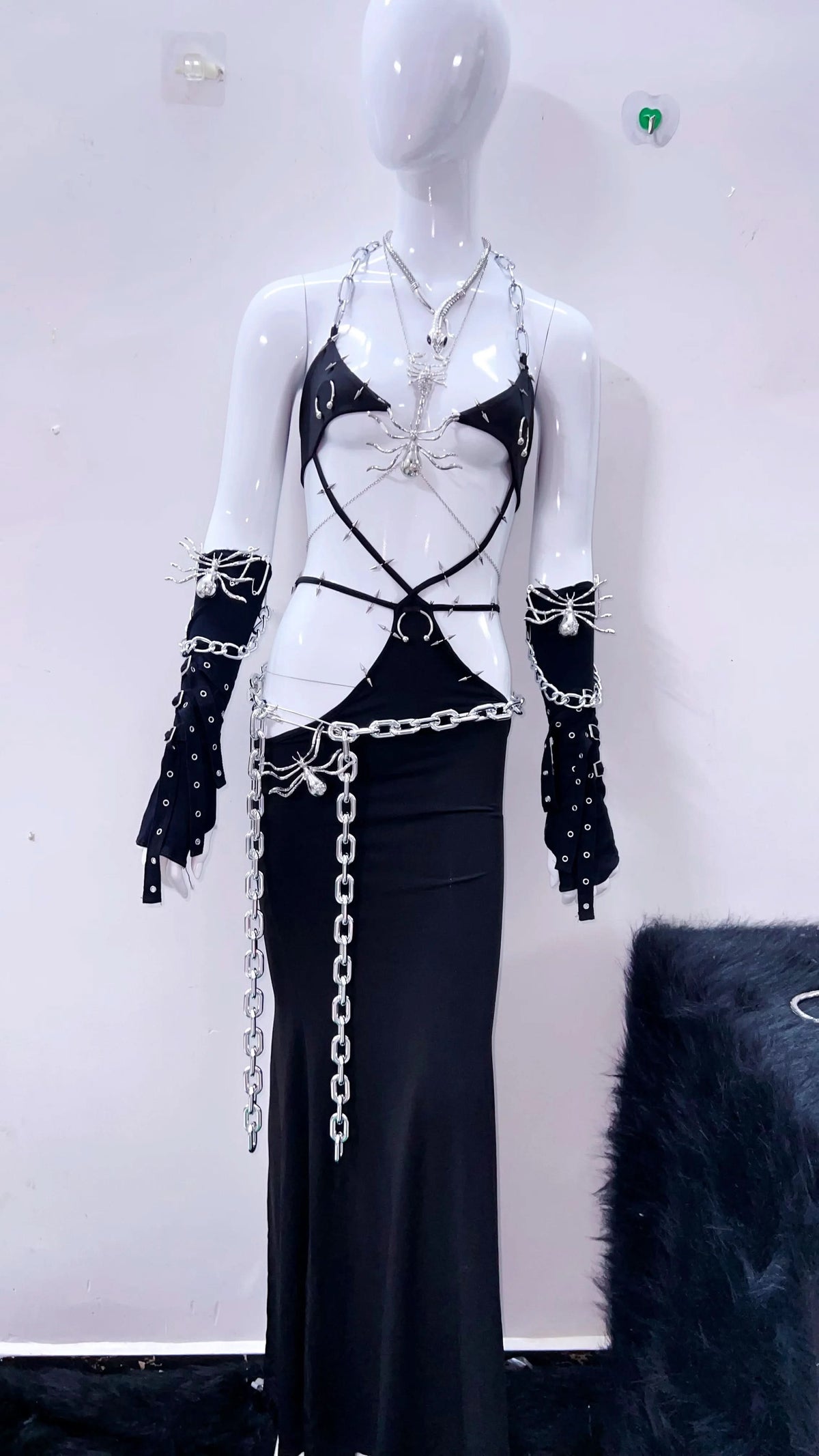Halter metal chain spider applique hollow out dress