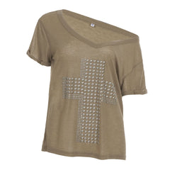 One shoulder cross pattern beaded top