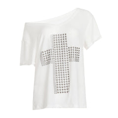 One shoulder cross pattern beaded top
