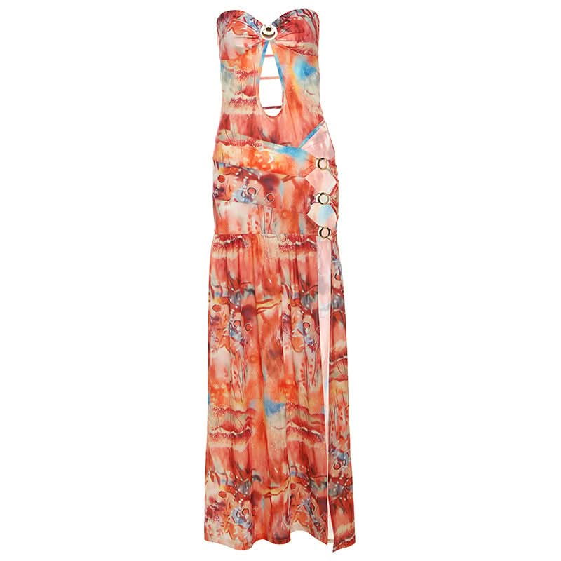 Hollow out high slit o ring cut out maxi dress