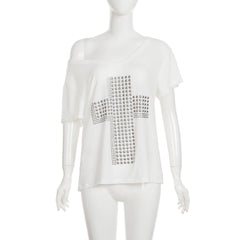 One shoulder cross pattern beaded top