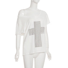One shoulder cross pattern beaded top