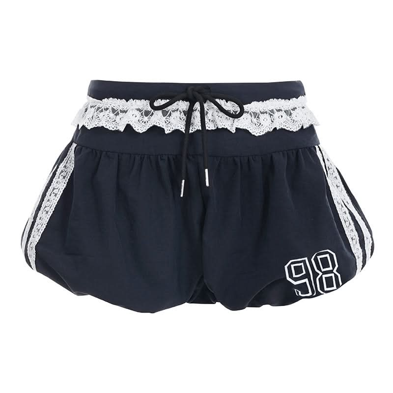 Lace hem drawstring "98" print short pant