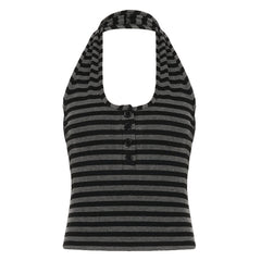 Halter button striped print backless top