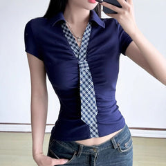 Turnover collar short sleeve plaid patchwork ruched top