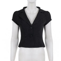 Turnover collar v neck striped print top