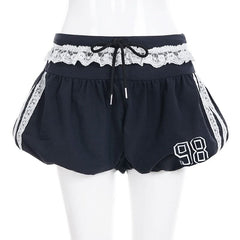 Lace hem drawstring "98" print short pant