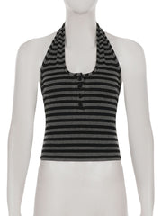 Halter button striped print backless top