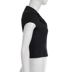 Turnover collar v neck striped print top
